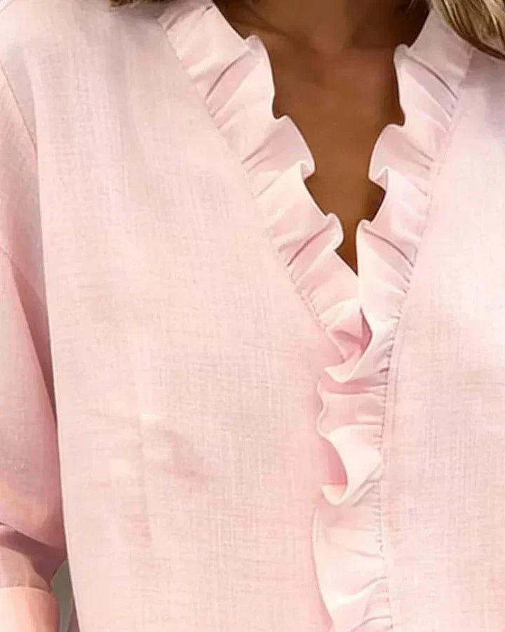 Susan | Bluse mit Rüschen, V-Ausschnitt und langen Ärmeln