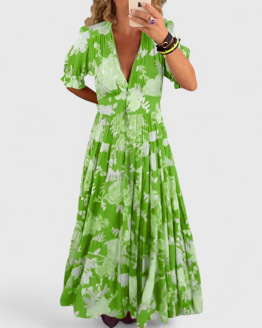 Ursula | Elegantes Kleid mit Blumenmuster und V-Ausschnitt